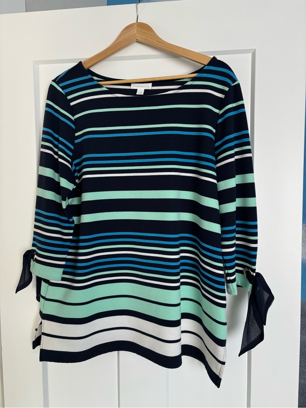 Charter Club Navy, Mint & White Striped Knit Top